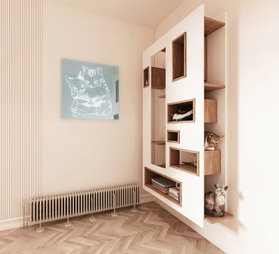 Wall Mounted Billboard With Cartoon Dog Design Near Open Wooden Shelves And Decorations 3d model