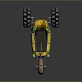 Yellow Three Wheeled Motorcycle With Large Tires And Open Seat Design