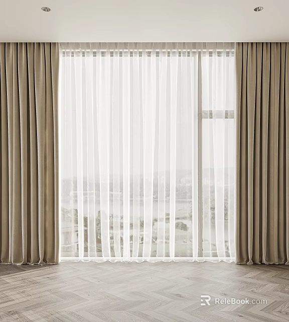 Beige Thick Curtains With White Sheer Panels In Window Interior Design 3d model