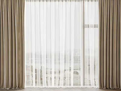 Beige Thick Curtains With White Sheer Panels In Window Interior Design 3d model