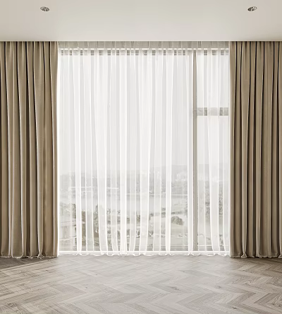 Beige Thick Curtains With White Sheer Panels In Window Interior Design 3d model