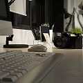 Modern Public Office Space With Workstations Computers Desk Lamps Green Plants And Office Supplies