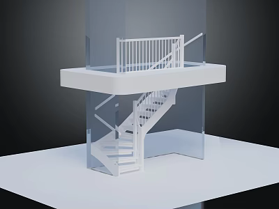 Modern White Staircase With Railing And Platform In Transparent Structure Design 3d model
