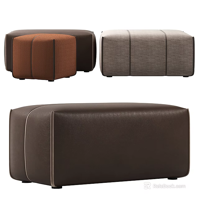 Modern Ottoman Footstool in Brown and Gray Fabric and Leather for Living Room 3d model 