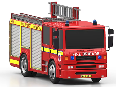 Red Fire Brigade Truck with Ladder Blue Lights and Yellow Stripes 3d model