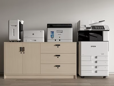 Different Office Appliances Including Printers And Multifunction Devices On Cabinet 3d model