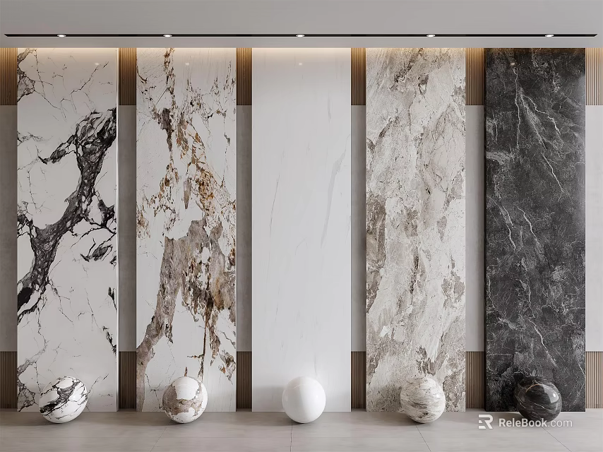 Various Marble Texture Wall Panels With Decorative Spheres For Interior Design 3d model 