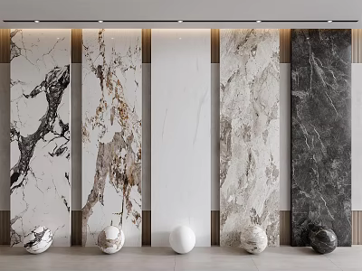 Various Marble Texture Wall Panels With Decorative Spheres For Interior Design 3d model
