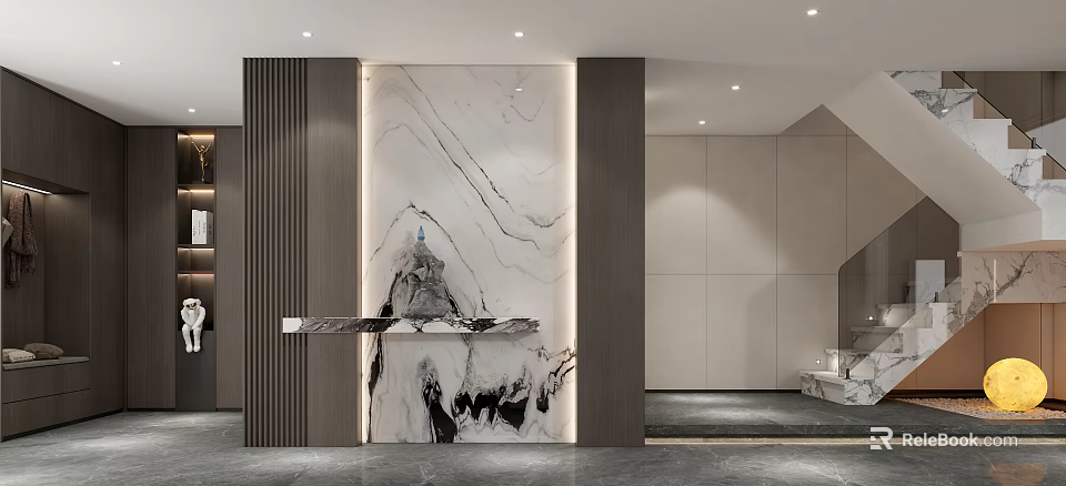 Modern Foyer Hallway With Marble Feature Wall And Decor 3d model 