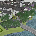 Traditional Style Commercial Street With River Greenery And Scenic Waterfront Buildings