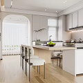 Modern Dining Living Room Interior With White Cabinets Island Counter Arched Doorway And Wooden Flooring