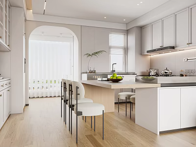 Modern Dining Living Room Interior With White Cabinets Island Counter Arched Doorway And Wooden Flooring 3d model