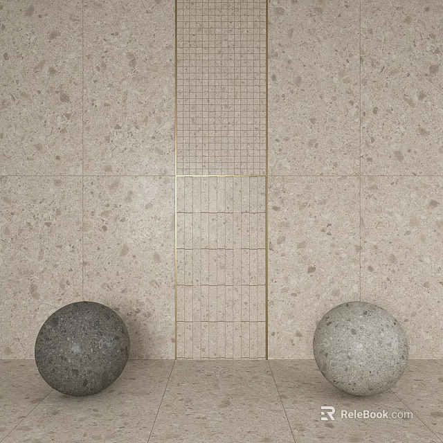 Gold Grid Decorative Component On Beige Marble Wall With Stone Spheres 3d model