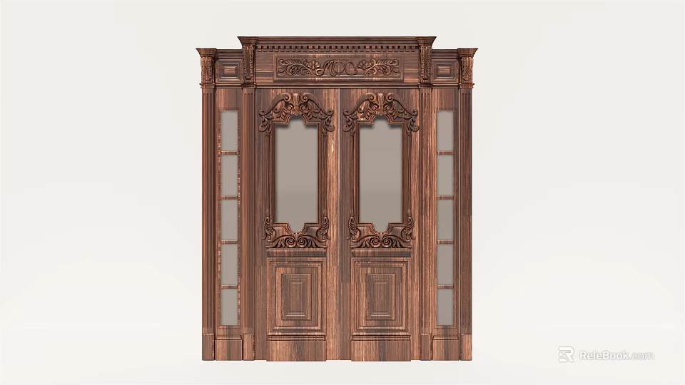 Elegant Classic Wooden Double Door with Ornate Carvings and Glass Panels 3d model 