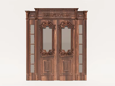 Elegant Classic Wooden Double Door with Ornate Carvings and Glass Panels 3d model