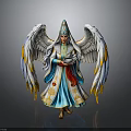 Winged Female Figure In Blue And Gold Robe With Decorative Headdress And Holding Object