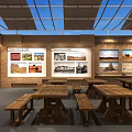 Traditional Cultural Exhibition Indoor Space With Wooden Tables Wall Photos And Murals