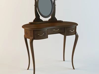 Classic Wooden Dressing Table With Carved Drawers Round Mirror And Curved Legs 3d model