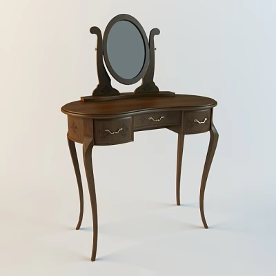 Classic Wooden Dressing Table With Carved Drawers Round Mirror And Curved Legs 3d model