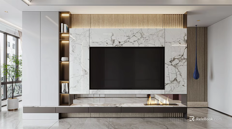 Modern TV Background Wall With Marble Texture Wooden Panels Shelves And Fireplace Design 3d model 