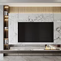 Modern TV Background Wall With Marble Texture Wooden Panels Shelves And Fireplace Design
