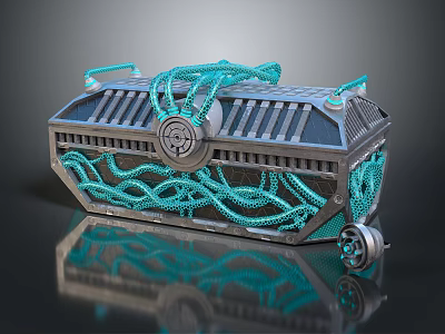 Vintage Metallic Storage Trunk With Teal Rope Accents Circular Lock Grid Pattern And Wheels 3d model