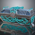 Vintage Metallic Storage Trunk With Teal Rope Accents Circular Lock Grid Pattern And Wheels