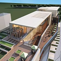 Modern Commercial Complex Architecture With Riverfront Greenery And Traditional Style Buildings