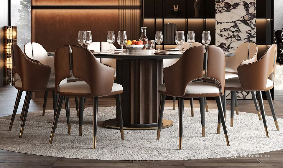 Modern Luxury Round Dining Table And Brown Chairs Set With White Cushions And Golden Legs 3d model 