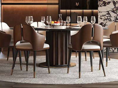 Modern Luxury Round Dining Table And Brown Chairs Set With White Cushions And Golden Legs 3d model