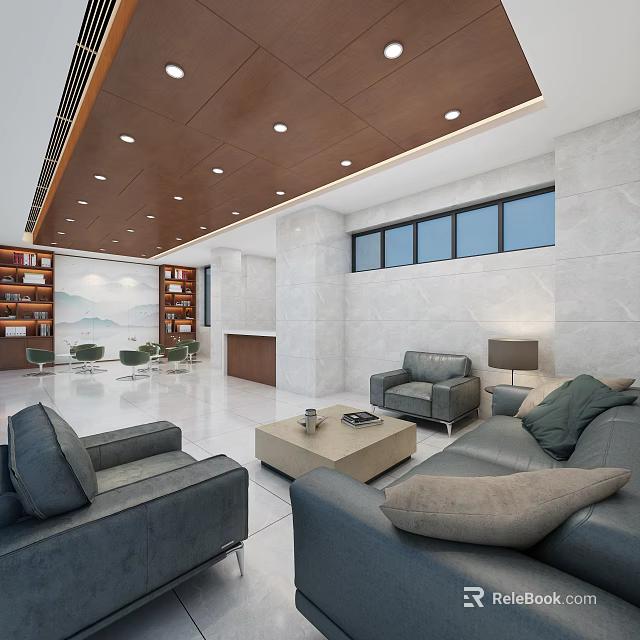 Modern Casual Lounge Area With Gray Sofas Coffee Table Bookshelves Wooden Ceiling And Marble Walls 3d model 