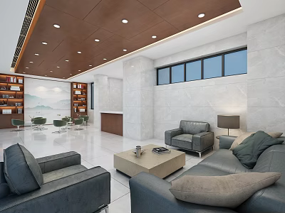 Modern Casual Lounge Area With Gray Sofas Coffee Table Bookshelves Wooden Ceiling And Marble Walls 3d model