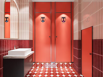 Public Toilet With Red Stall Doors Red Tiled Walls White Sink And Geometric Patterned Floor Tiles 3d model
