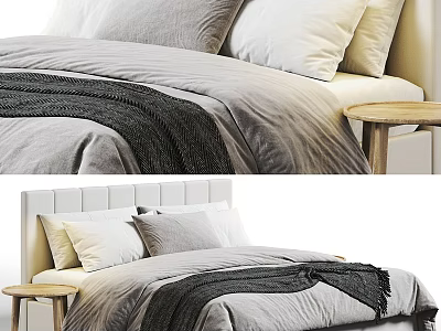 Modern Double Bed with Gray and White Pillows Gray Blanket and Wooden Bedside Table 3d model