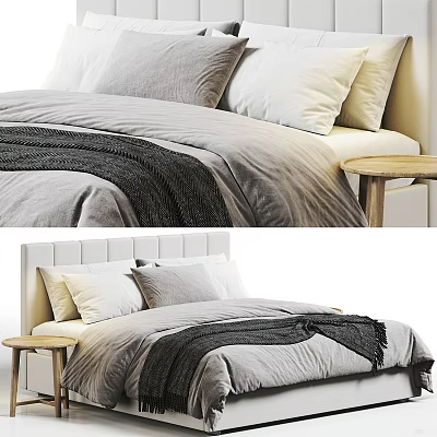 Modern Double Bed with Gray and White Pillows Gray Blanket and Wooden Bedside Table 3d model