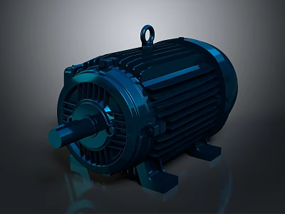 Dark Blue Industrial Electric Motor With Cooling Fins Sturdy Base And Hanging Ring 3d model