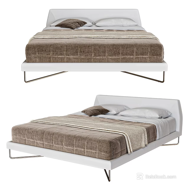 Modern Double Bed With White Frame Metal Legs And Brown Checkered Bedspread 3d model 