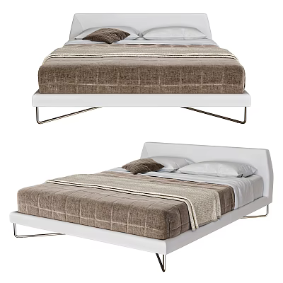 Modern Double Bed With White Frame Metal Legs And Brown Checkered Bedspread 3d model