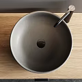 Modern Bathroom Vanity With Circular Backlit Mirror Gray Vessel Sink Wooden Cabinet And Black Faucet