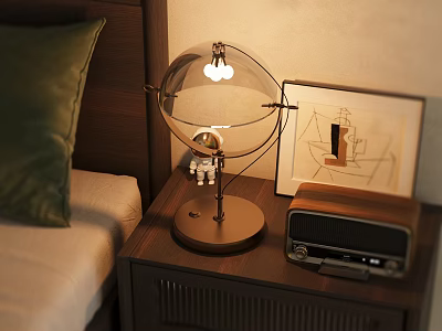 Wooden Bedside Table With Transparent Globe Lamp Vintage Radio And Abstract Painting Frame 3d model