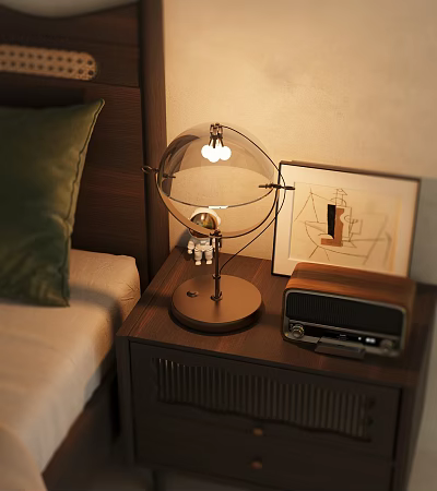 Wooden Bedside Table With Transparent Globe Lamp Vintage Radio And Abstract Painting Frame 3d model