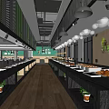 Modern Restaurant Interior With Wooden Tables Chairs Hanging Lights And Green Plants