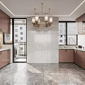 Modern Kitchen Interior With Wooden Cabinets Marble Countertop Black Range Hood And Pendant Light