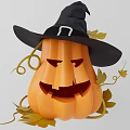 Halloween Pumpkin Food With Witch Hat Decorative Vines And Yellow Leaves
