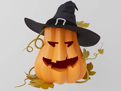 Halloween Pumpkin Food With Witch Hat Decorative Vines And Yellow Leaves 3d model