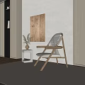 Modern Accent Chair With Woven Backrest Natural Wood Frame And Side Table Plant