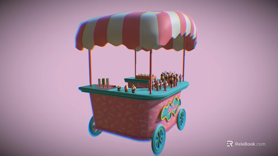 Colorful Ice Cream Cart Featuring Stripe Awning Pink Body Blue Wheels And Assorted Treats 3d model 