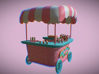 Colorful Ice Cream Cart Featuring Stripe Awning Pink Body Blue Wheels And Assorted Treats 3d model