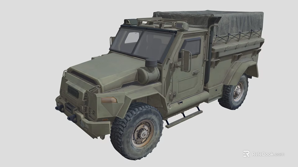 Military Style Green Cargo Truck With Canvas Covered Bed And Rugged Tires 3d model 