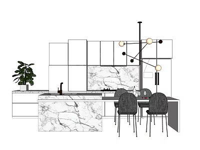 Modern Kitchen Cabinets With Marble Countertop Pendant Lights And Bar Stools 3d model